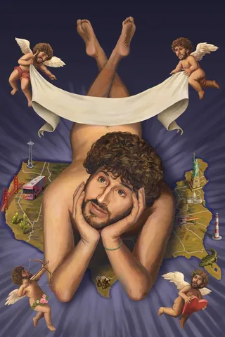 Man lying on map surrounded by cherubs holding blank banner