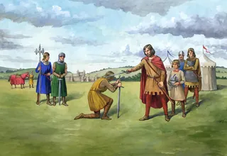 Knight kneeling before nobleman in medieval outdoor scene with onlookers
