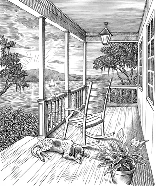 Porch with rocking chair, sleeping dog, potted plant, and lake with sailboats
