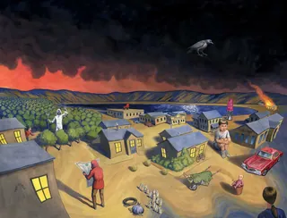 Surreal colorful village with mysterious figures and distorted sand paths at sunset.