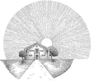 Maison Lillet house with sunburst rays and trees in black and white