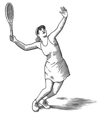 Black and white drawing of a woman preparing to hit a tennis ball