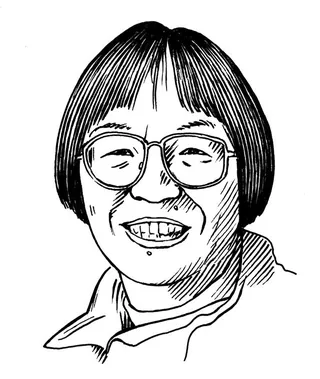 Line drawing of a smiling person with glasses and short hair