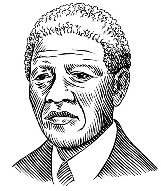 Sketch of a man with short curly hair wearing a suit and tie