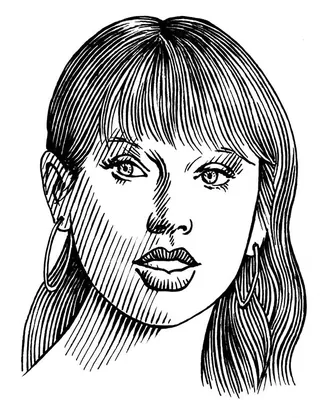 Hand-drawn black and white portrait of a woman with hoop earrings