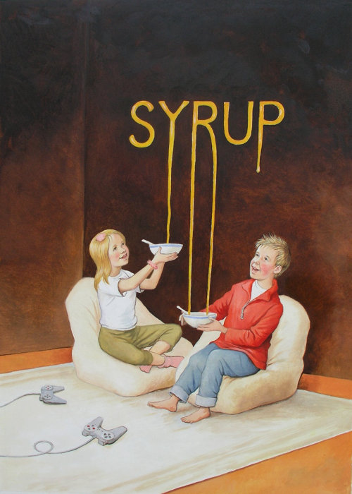 Children filling syrup in bowl