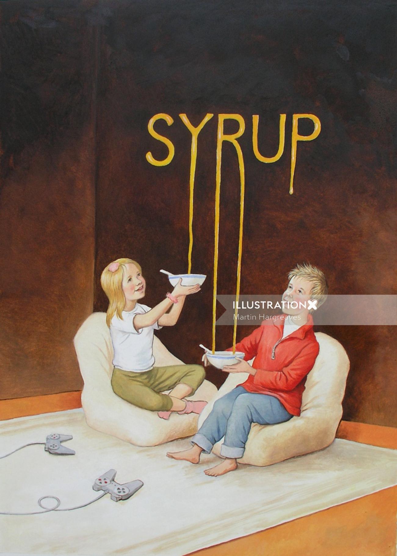 Children filling syrup in bowl