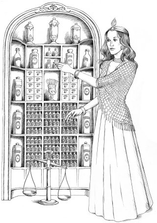 Mujer en blanco y negro con armario para botellas.