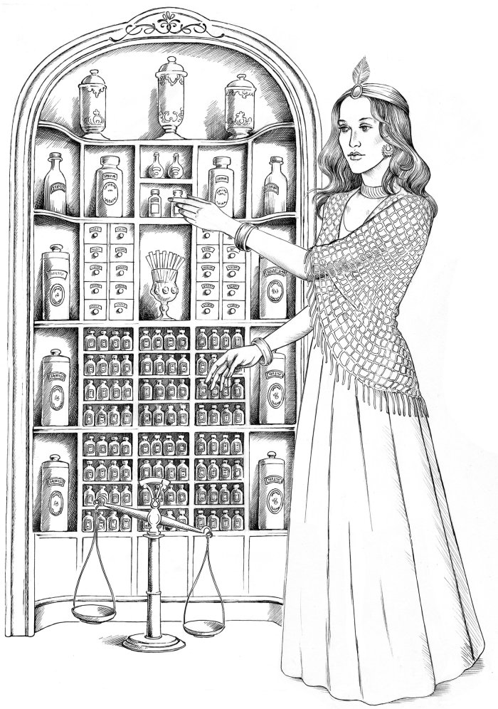 Mujer en blanco y negro con armario para botellas