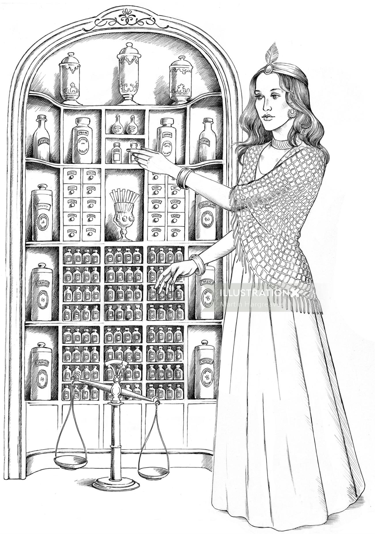 Mujer en blanco y negro con armario para botellas