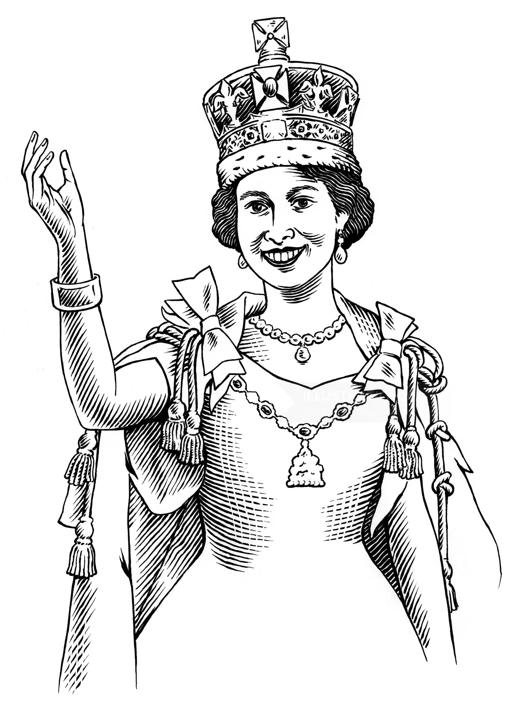 Illustration of Queen Elizabeth II in crown and regal robes by Martin Hargreaves