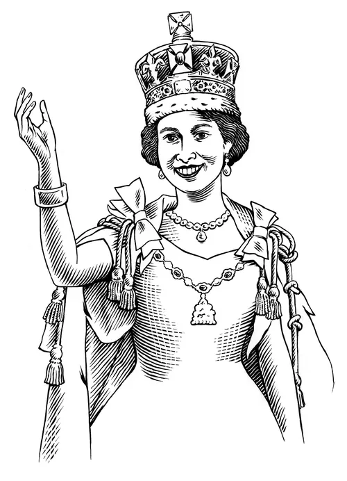 Illustration of Queen Elizabeth II in crown and regal robes by Martin Hargreaves