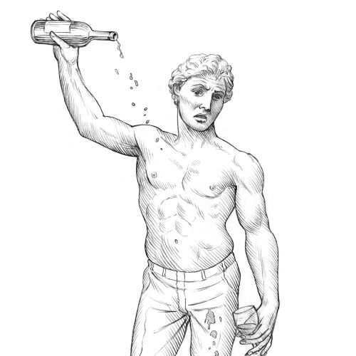 Pencil sketch of a shirtless young man pouring water from a bottle by Martin Hargreaves