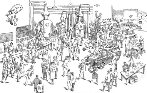 Black and white distillery scene with workers and visitors, detailed illustration by Martin Hargreav