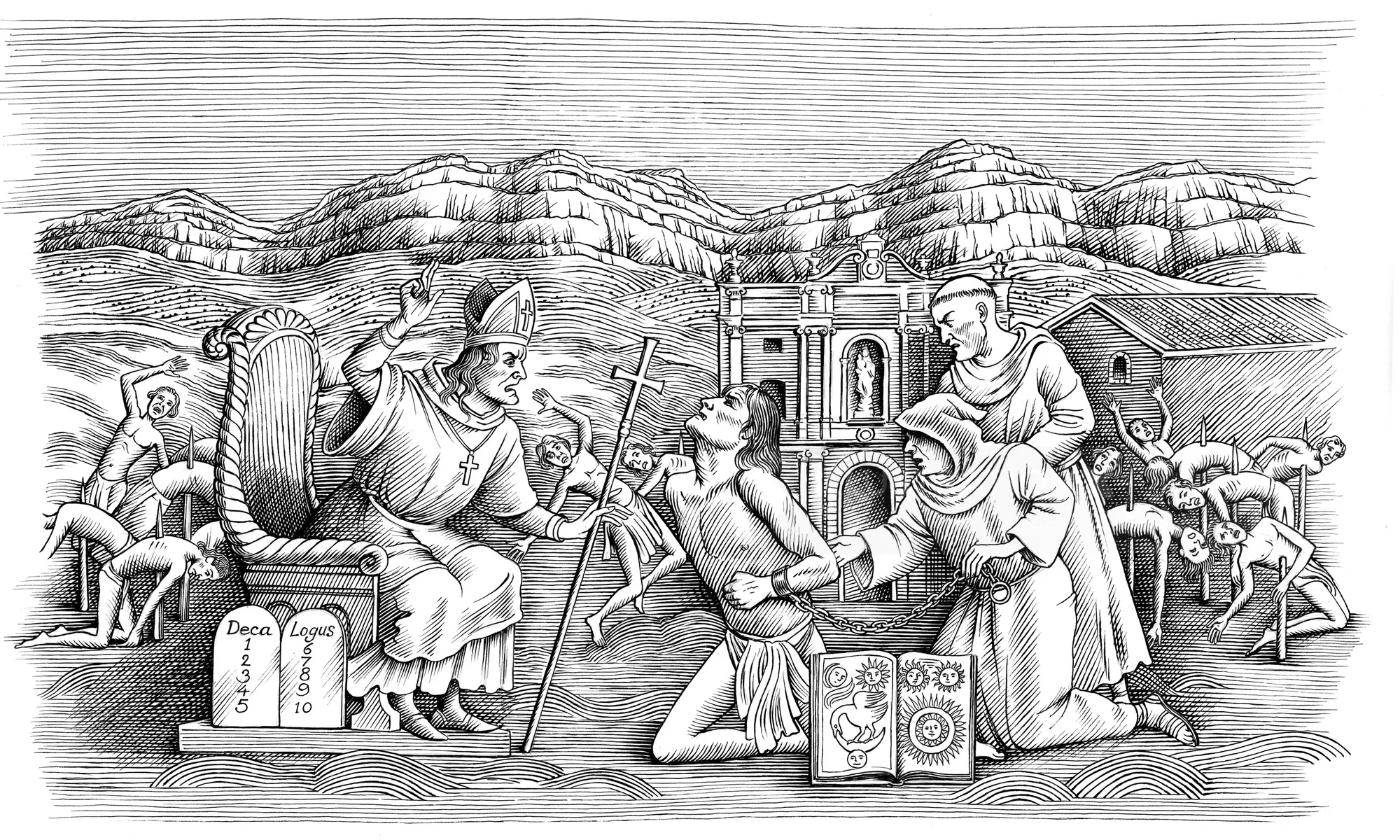 Black and white religious judgment scene illustration by Martin Hargreaves