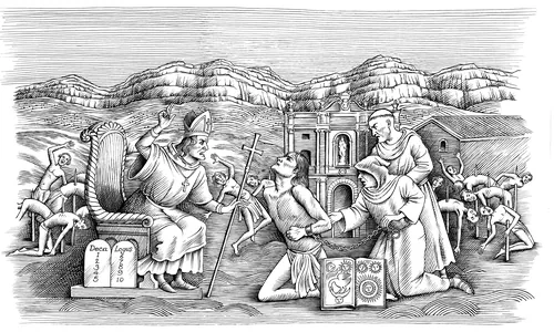 Black and white religious judgment scene illustration by Martin Hargreaves