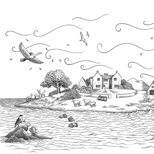 Pen and ink drawing of island with houses, animals, birds, and boat by Martin Hargreaves
