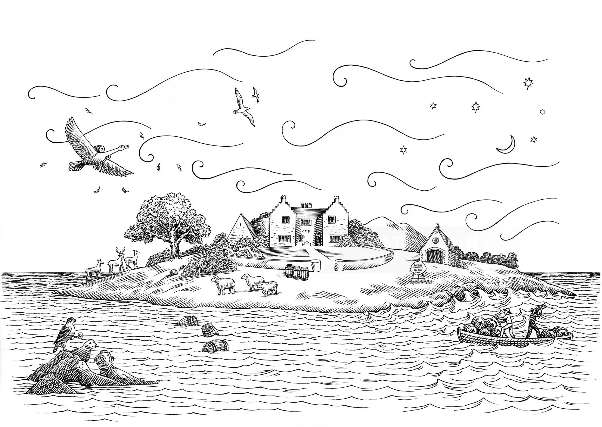 Pen and ink drawing of island with houses, animals, birds, and boat by Martin Hargreaves