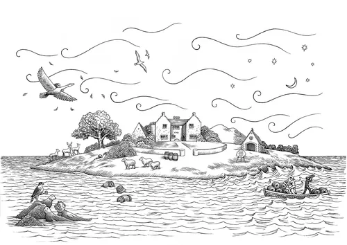Pen and ink drawing of island with houses, animals, birds, and boat by Martin Hargreaves