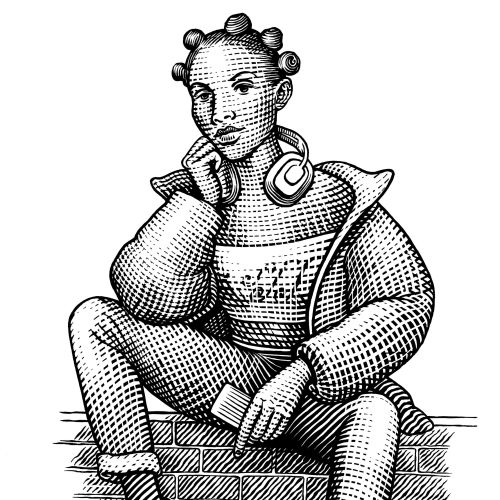 Black and white drawing of woman sitting on steps, thoughtful pose by Martin Hargreaves