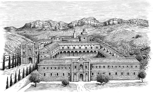 Monastery complex with surrounding trees and mountains by Martin Hargreaves