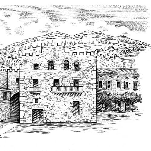 Black and white drawing of medieval stone castle and mountains by Martin Hargreaves