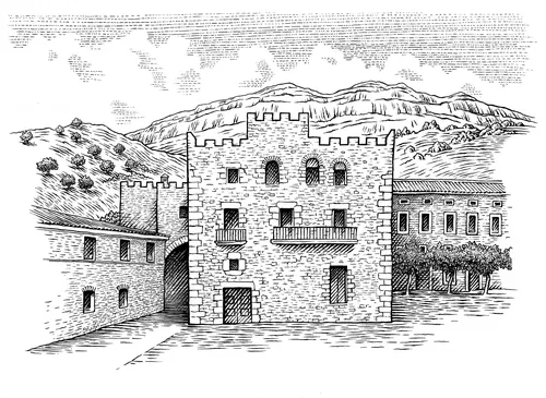 Black and white drawing of medieval stone castle and mountains by Martin Hargreaves
