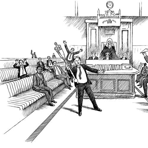 Courtroom with people shouting and disrupting a trial