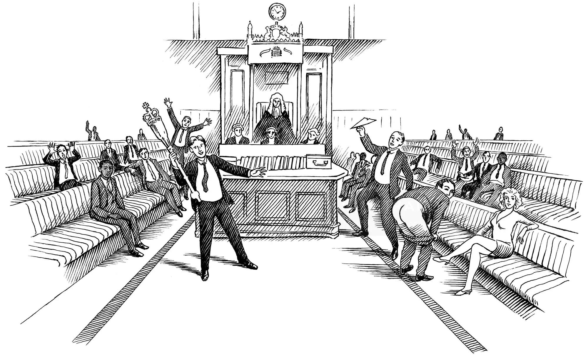 Courtroom with people shouting and disrupting a trial