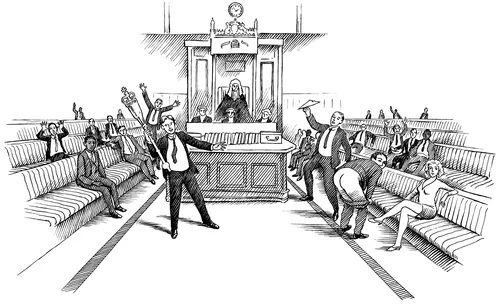 Courtroom with people shouting and disrupting a trial