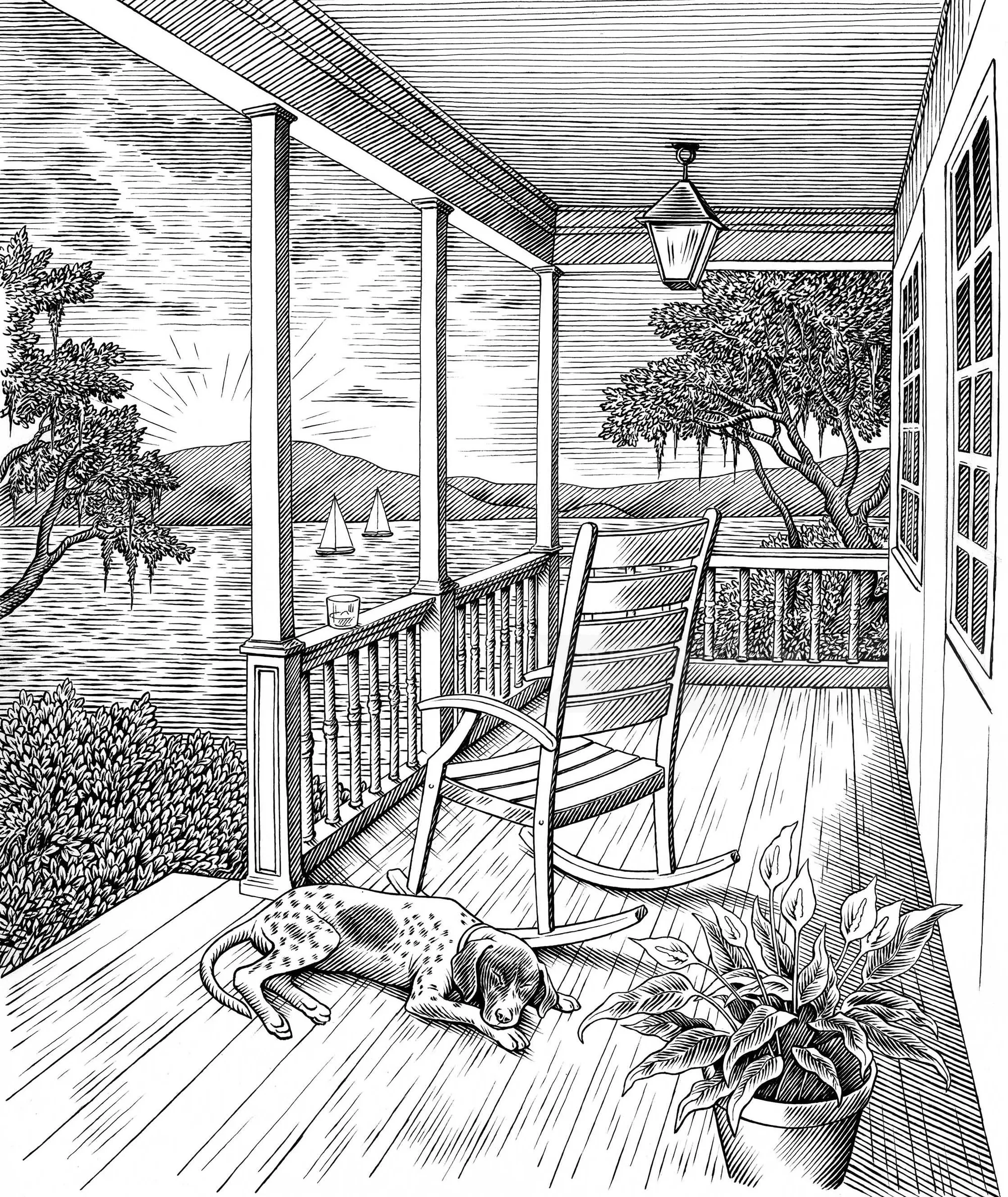 Porch with rocking chair, sleeping dog, potted plant, and lake with sailboats
