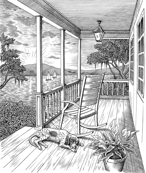 Porch with rocking chair, sleeping dog, potted plant, and lake with sailboats