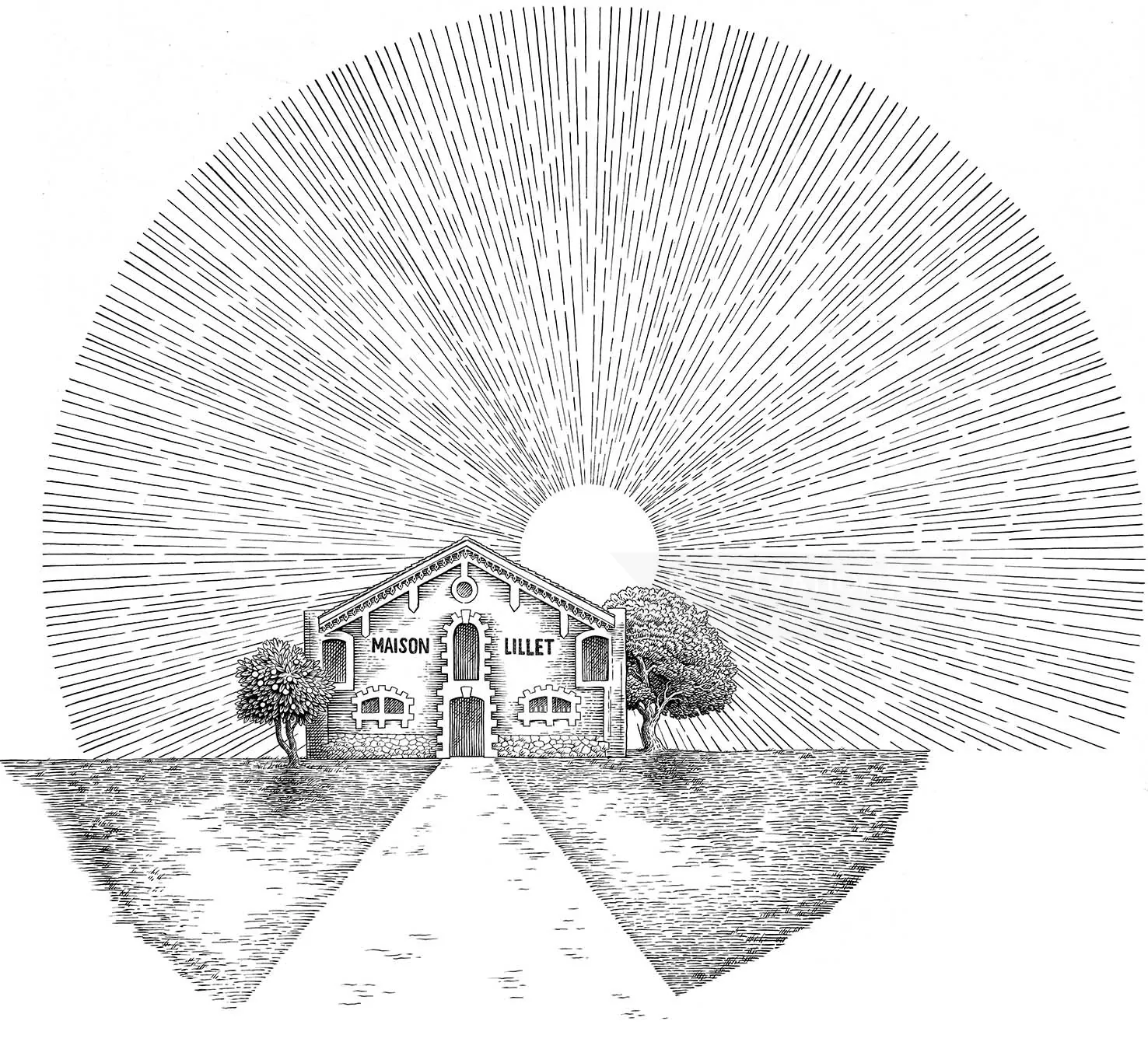 Maison Lillet house with sunburst rays and trees in black and white