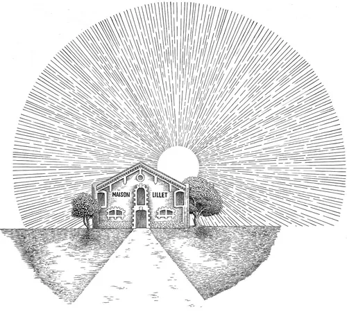 Maison Lillet house with sunburst rays and trees in black and white