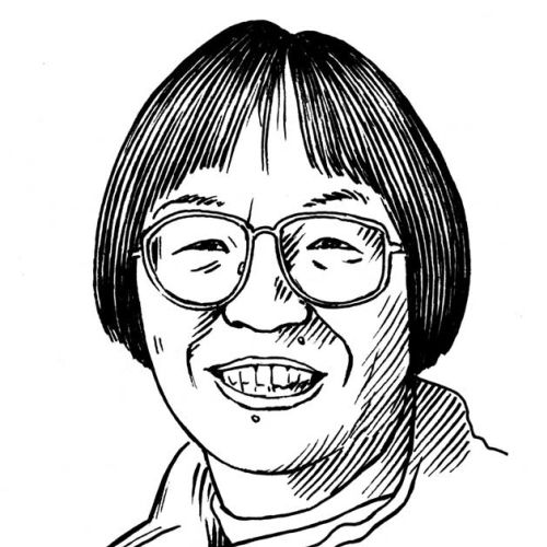 Line drawing of a smiling person with glasses and short hair