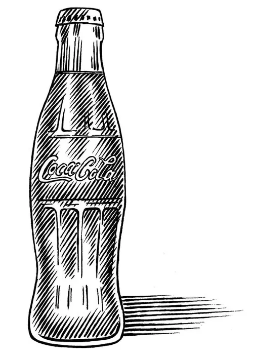 Black and white sketch of a classic Coca-Cola glass bottle