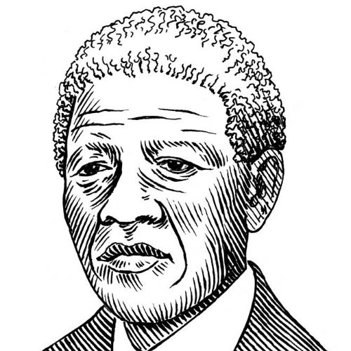 Sketch of a man with short curly hair wearing a suit and tie