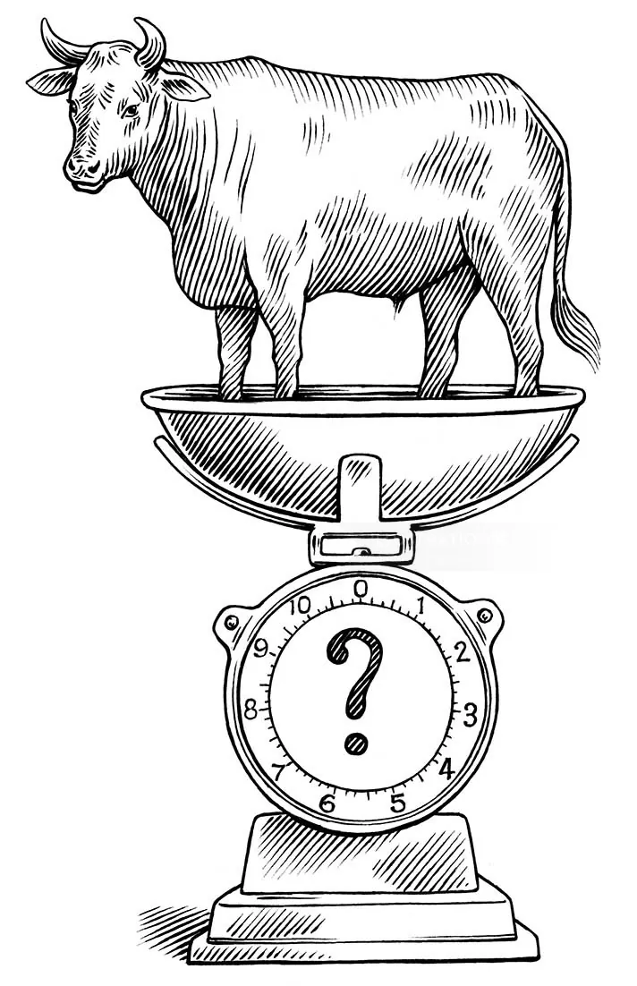 Cow on a vintage weighing scale with question mark on dial