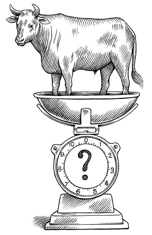Cow on a vintage weighing scale with question mark on dial