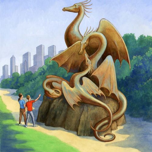 People watching dragon statue