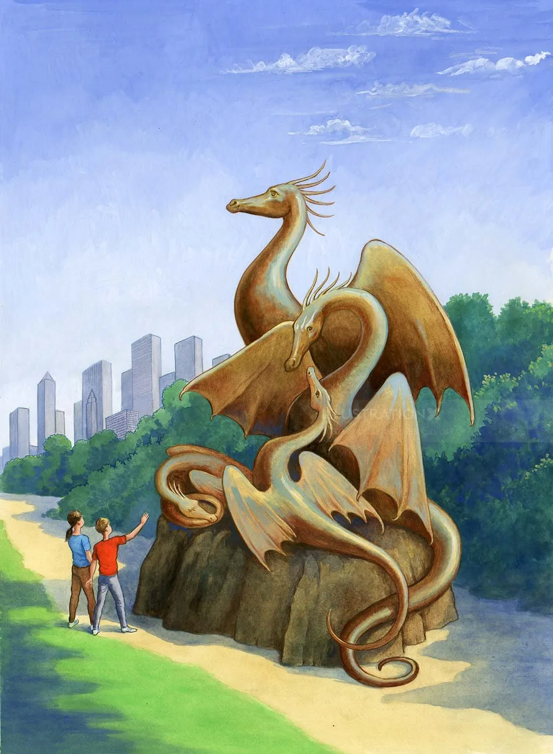 People watching dragon statue