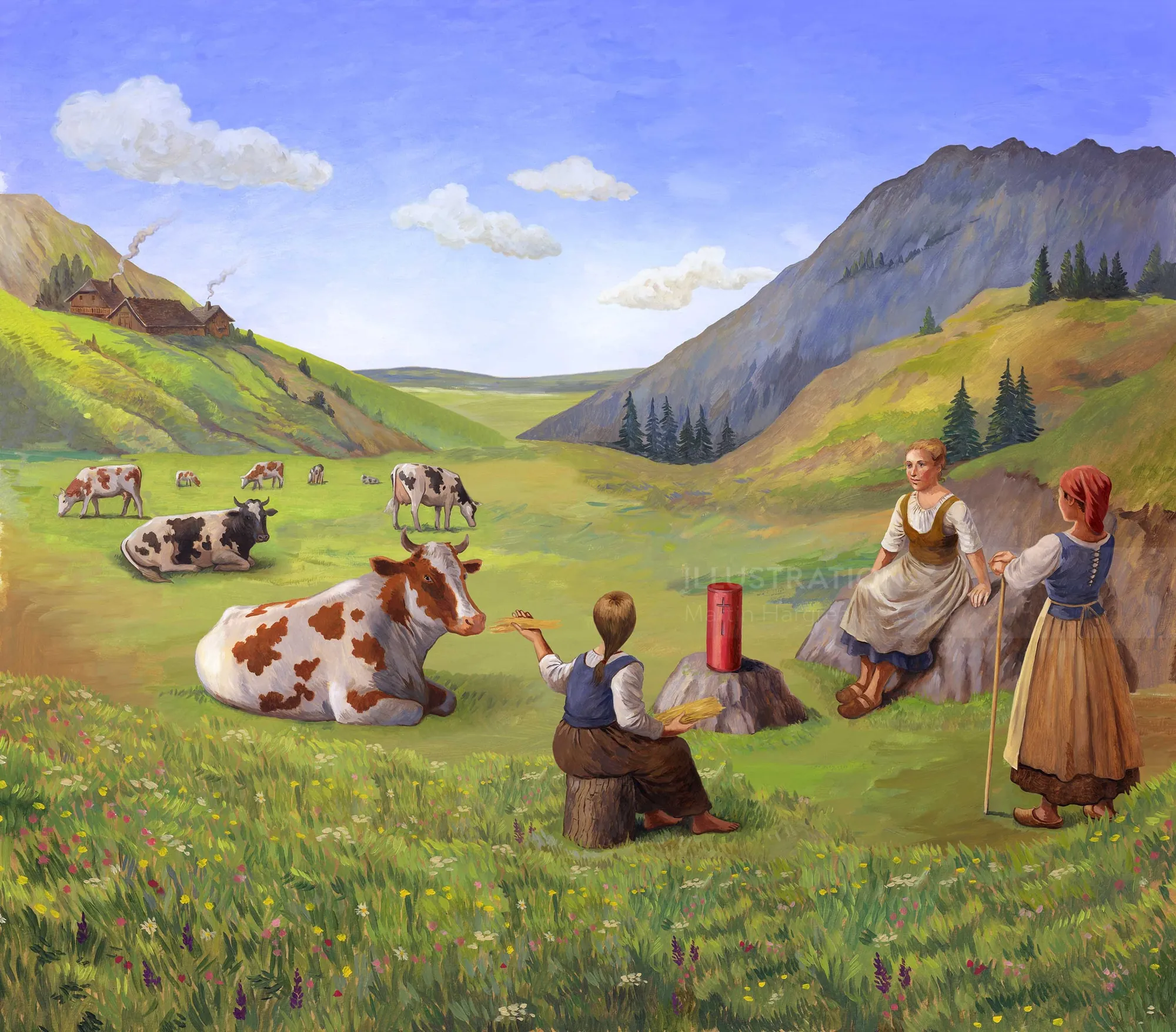 People sitting with cows