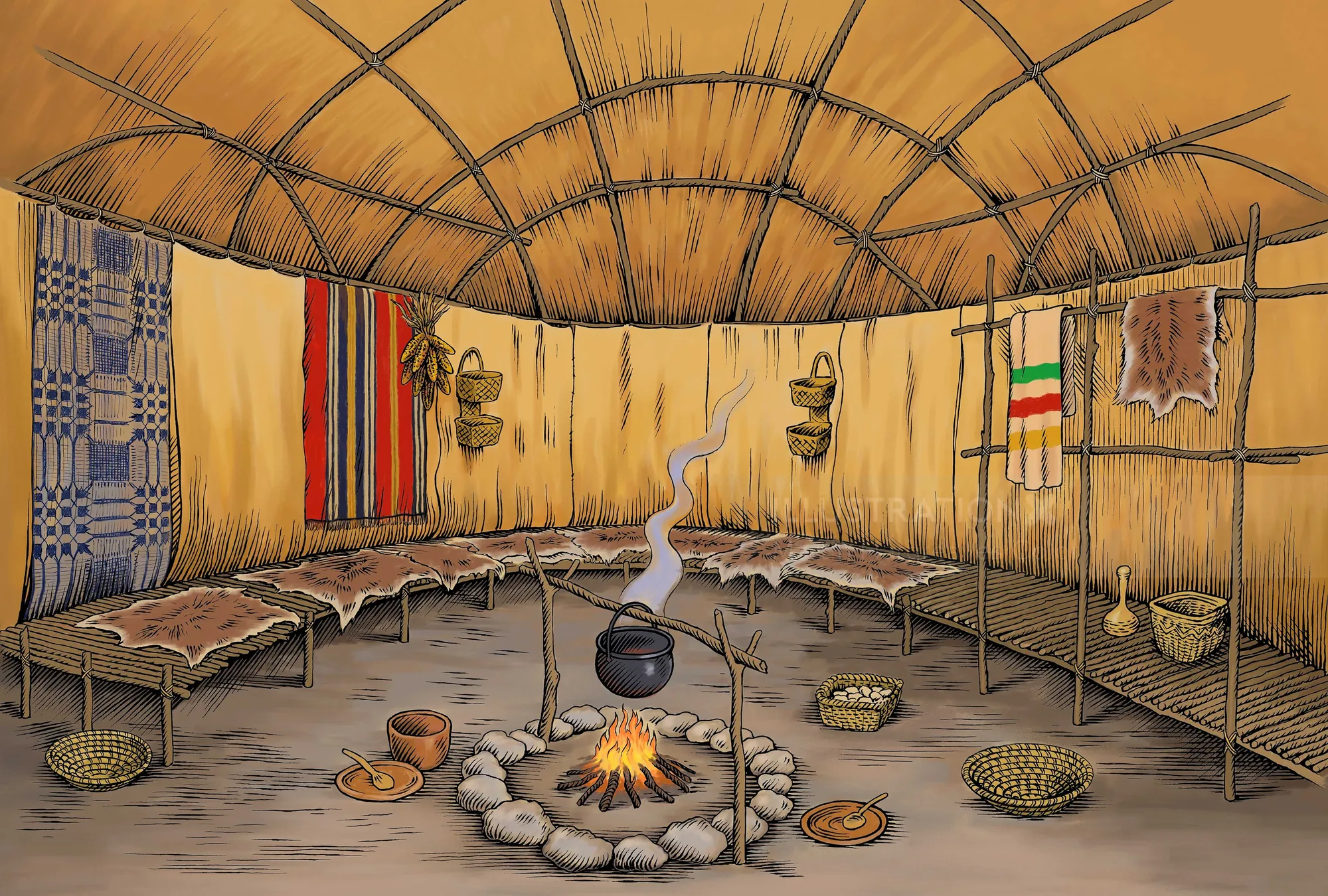 Interior of traditional round hut with fire and hanging textiles by Martin Hargreaves