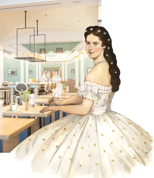 Victorian woman in white dress sitting at a table with a cafe background by Martin Hargreaves