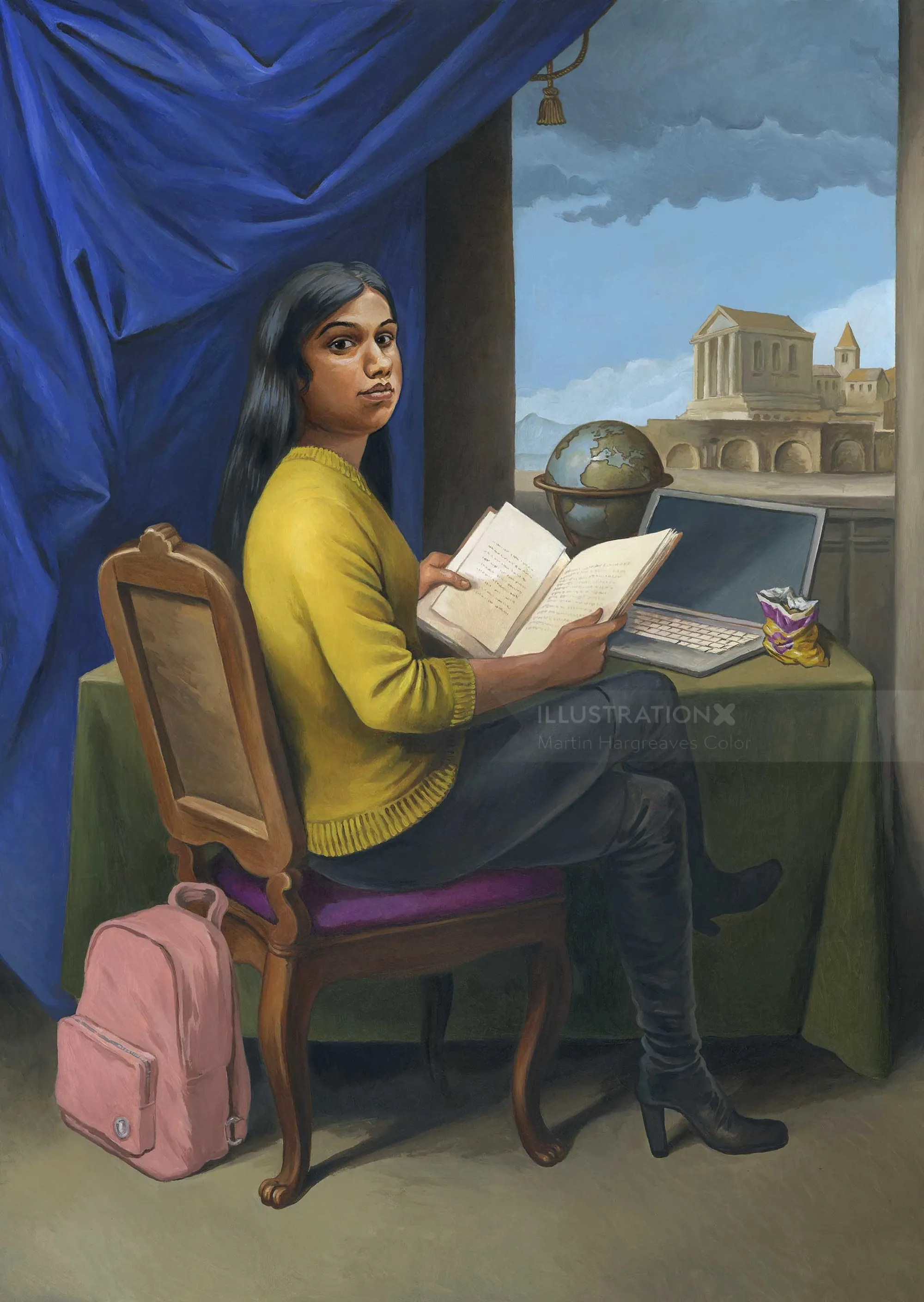 Woman reading book near window with city view, globe, laptop, and teacup by Martin Hargreaves