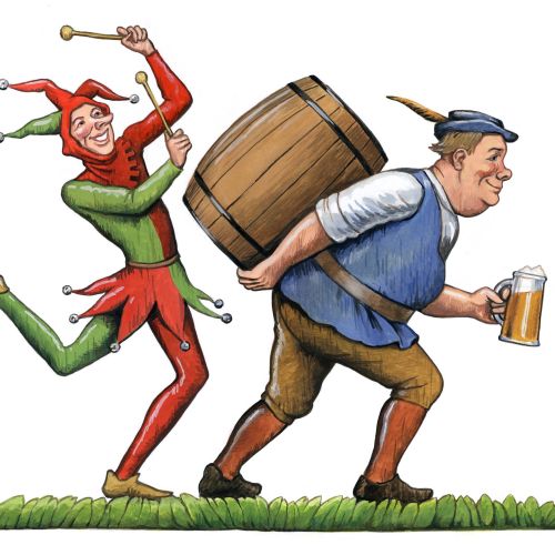 Medieval jester chasing peasant with beer barrel and mug by Martin Hargreaves