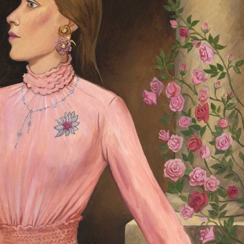 Portrait of woman in pink dress with pink roses by Martin Hargreaves