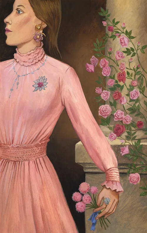 Portrait of woman in pink dress with pink roses by Martin Hargreaves
