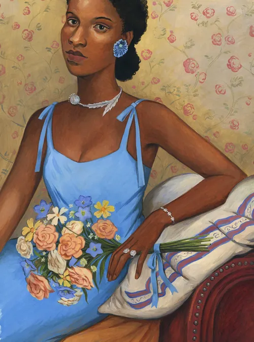 Seated woman in blue dress holding bouquet of flowers by Martin Hargreaves
