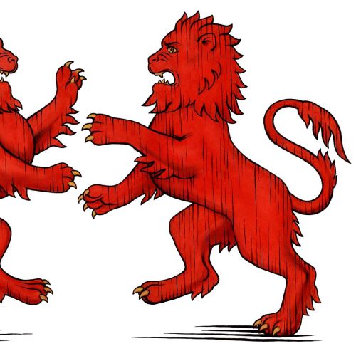 Two red heraldic lions standing and facing each other by Martin Hargreaves